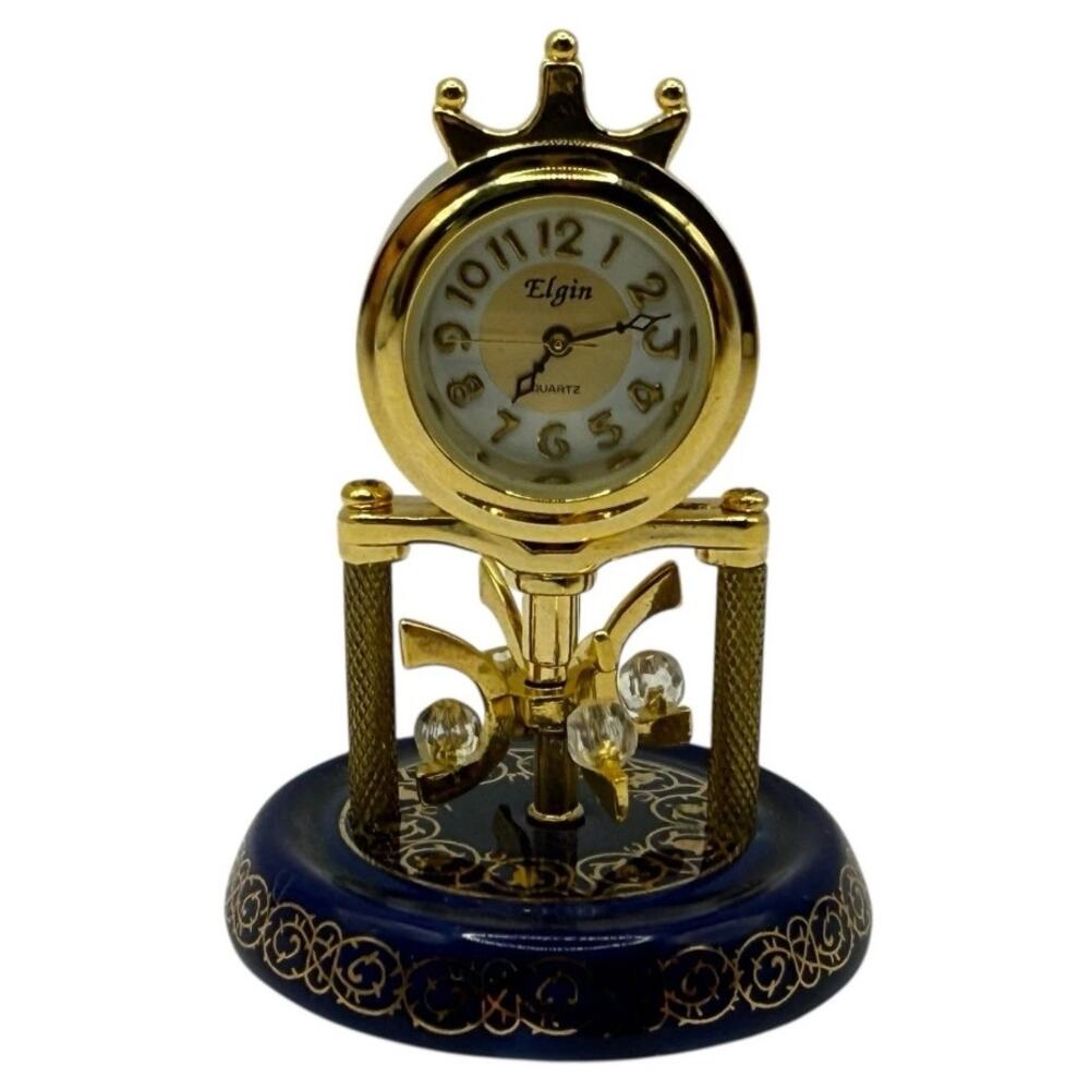 Vtg  Elgin Miniature Blue & Gold Enamel Dome Quartz Anniversary Clock - Picture 4 of 5